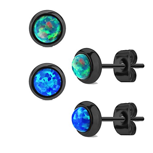 MoBody Created-Opal Round Stud Earrings Black Surgical Stainless Steel Womens Jewelry (2 Pairs - Green/Blue)