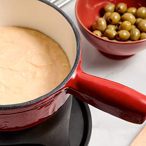 VonShef Fondue Set, Red Enamel Cast Iron Pan for Swiss-Style Cheese or Chocolate Fondue, Includes 6 Colour Coded Forks & Adjustable Burner