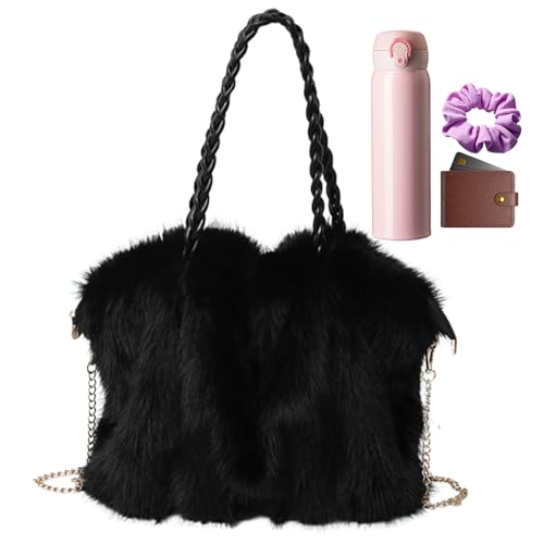 Bolso de mano de felpa - Bolso de invierno para mujer | Diseño de correa desmontable | Bolso espacioso de felpa para senderismo, trabajo, compras, caminar, mover, Negro , Consulte la