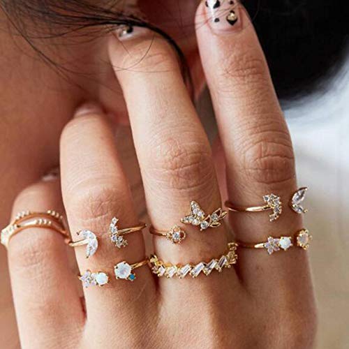 Missgrace Bohemian Vintage Gold Butterfly Open Knuckle Ring Set Retro Rhinestones Joint Knuckle Nail Midi Ring Finger Rings Set for Women 7 Piece (Style 13)