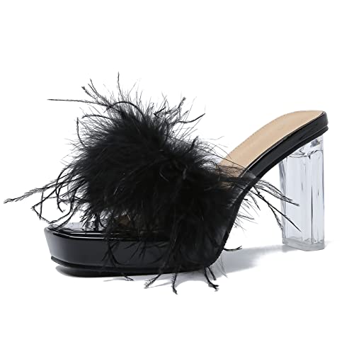 LIURUIJIA Women's Square Toe Platform Chunky Heel Slip on Sandals Feather Fuzzy Heels Mules Wedding Bridal Party Dress Shoes