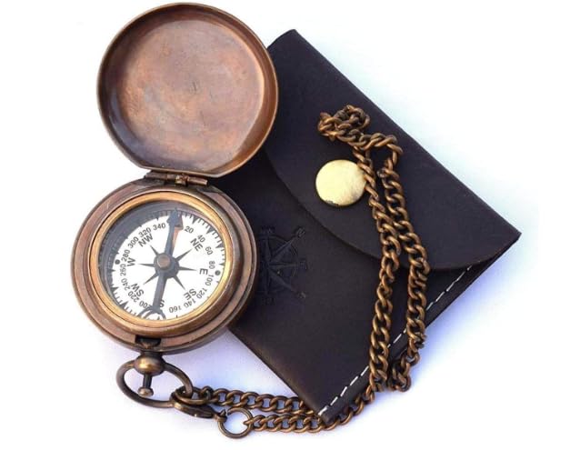 Brújula de latón antiguo con estuche de cuero, brújula náutica de bolsillo vintage para senderismo, camping, navegación y regalo para exploradores