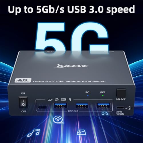 Image of USB C KVM Switch 2 Monitors 1 Laptop 1 Desktop 4K@60Hz, HDMI Dual Monitor KVM Switch 2 Computers Share 2 Monitors and 4 USB3.0 Ports, 80W PD Charging, Wired Remote,USB-C Cable and 12V Adapter Included