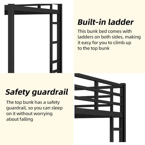 HKOLIE Queen Over Queen Bunk Bed, Metal Bunk Bed Frame Heavy Duty Bunk Beds Loft Bed Frame with Ladder and Guardrail Metal Slats No Box Spring Required for Adults Teens,Black