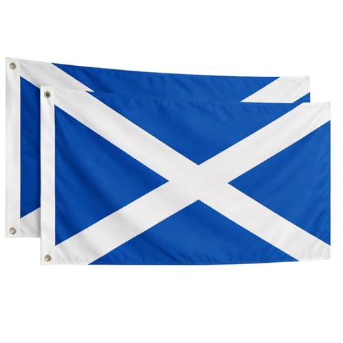 SCOTLAND Flag (Pack of 2) Scottish Saltire Flags 5ft x 3ft with Brass Eyelets Large Scottish Flags for Football Rugby Burns Night St Andrews Day Six Nations Festivals Parties Home & Garden