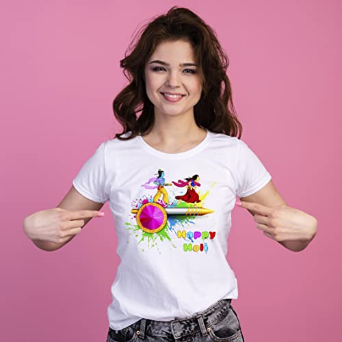 Image of Knitted Polycotton Fabric Regular Fit Girl Women Half Sleeve T-Shirt for Festival of Holi Style 20 White Size : Free