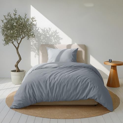 Dreamzie Bettwäsche Set 135x200 Mako Satin - Grau - 1 Bettbezug 135x200 cm mit 1 Kissenbezug 80x80 cm - Oeko-Tex Zertifiziert - Bettwäsche 135x200...