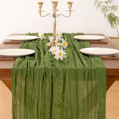 Image of Socomi 2pcs Campsite Green Easter Spring Cheesecloth Table Runner Boho Rustic Gauze 120 inch 10FT Cheese Cloth Runner for Wedding Party Baby Shower Birthday Home Decor Holiday Decorations