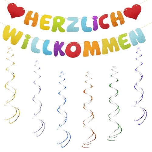 Herzlich Willkommen Girlande Willkommen Zuhause Banner mit Herzen - Welcome Back Dekoration für Familie Freunde Kollegen Baby Team Einweihung Party Geburtstag Einschulung Schulanfang