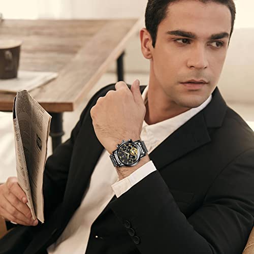 OLEVS Men Automatic Watch Skeleton 5 Hands Mechanical Classic Luxury Multi Calendar Stainless Steel Waterproof Wrist Watch for Men