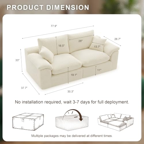 Image of 78 inch Loveseat Sofa, Small Boneless Couch for Living Room, Beige
