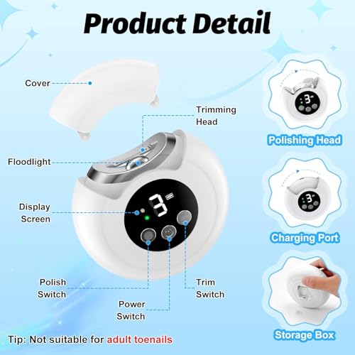 2-in-1 Electric Baby Nail Trimmer with LED Light & Nail File, 3 Adjustable Speed Gears Automatic Electric Nail Clipper with Storage Box, Safe Nail Care for Newborn Baby Kids Adults Seniors(White) - Image 4
