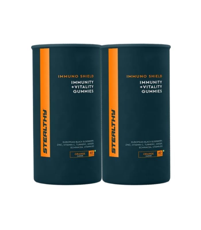 Stealthy Immuno Shield Immunity & Vitality Gummies With Turmeric, Ginger, Vitamin C, Elderberry for Healthy Immune System, 100% Vegan, Sugar Free & Gluten Free - Orange 60 Gummy Each (Pack of 2)