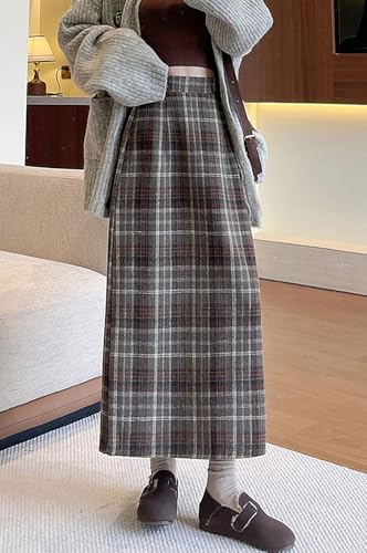 chouyatou Women Fall Winter Elastic High Waist Plaid Skirt A-Line Maxi Long Wool Pencil Skirt with Split3