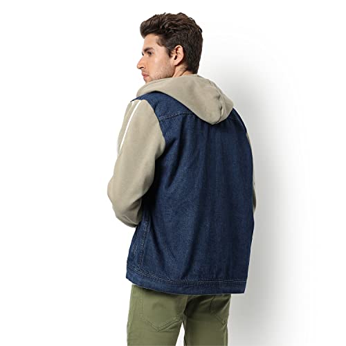 Image of Campus Sutra Men's Medium-Washed Blue & Green Regular Fit Denim Jacket For Winter Wear Hooded Collar Full Sleeve Buttoned Casual, Western Stylish