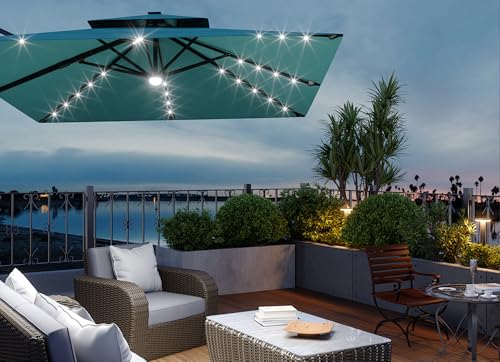 10' x 10' Heavy Duty Cantilever Patio Umbrella with Solar LED Lights & Weighted Base, 2-Tier Square Aluminum Offset Umbrella with 360-Degree Rotation for Backyard, Deck, Pool, Turquoise Blue