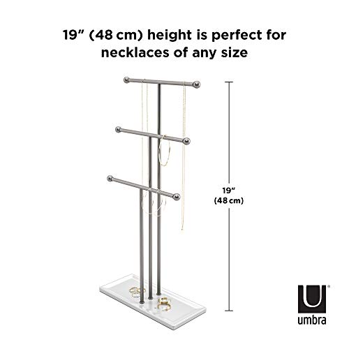 Umbra 299330-491-REM Trigem Hanging Organizer – 3 Tier Table Top Necklace Holder, Box Display with Jewelry Tray Base, One Size, Nickel