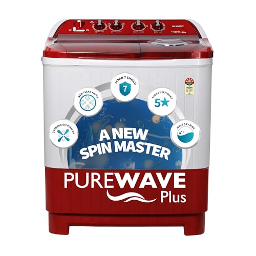 Image of SHARP 8.0 kg, 5 star Semi-Automatic Top Loading Washing Machine with Quadroniq Pulsator, Wave Dry Ring, 1300 RPM (ES-SD80NB-TR, Ruby Red, Pure Wave+)