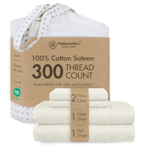 Image of Threadmill 300 Thread Count Cotton King Sheet Set, Sateen, Jacquard, Cream | 100% Cotton, Sateen Weave, Jacquard Pattern, 4-Piece Set, 16 inch Deep Pocket, All-Around Elastic, Cooling, Breathable