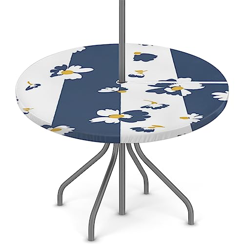 XMNYGJ Blue White Flower Lines Round Fitted Tablecloth with Umbrella Hole Zipper for Patio Picnic Tables Elastic Outdoor Table Cover Waterproof and Stain Resistant 45-56 Inch