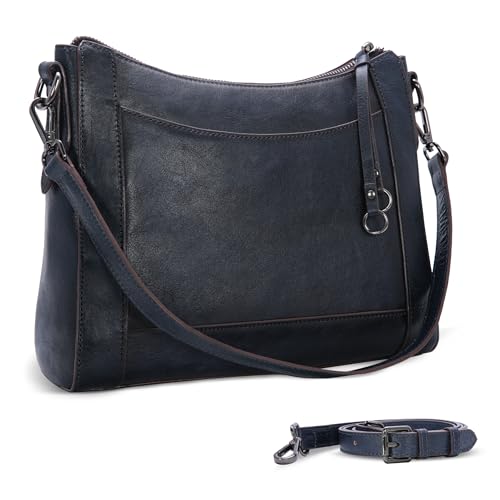 Iswee Leather Crossbody Bags for Women Shoulder Purse Medium Hobo Genuine Leather Satchel Purses and Handbags (Navy Blue)