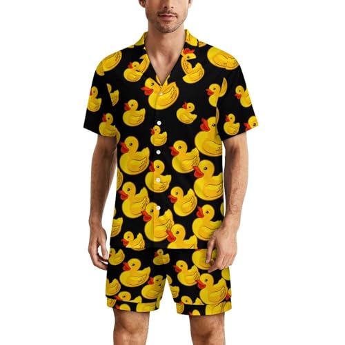 Yellow Duck Men‘s Short Sleeve Sleepwear Funny Pajamas Sets Button Down Shirts and Bottom Shorts Loungewear