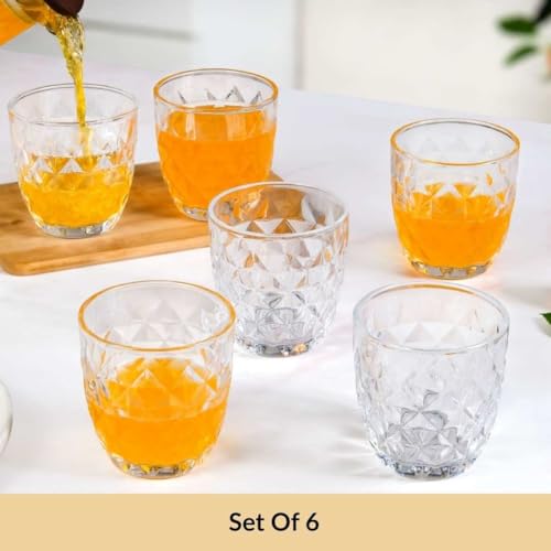Image of Nestasia Transparent Small Juice Glasses Set of 6 (260 ml Each) - 100% Food Safe & Dishwasher Safe Diamond Textured Tumblers - Ideal for Water, Tea, Coffee & Refreshments - Perfect for Gifting