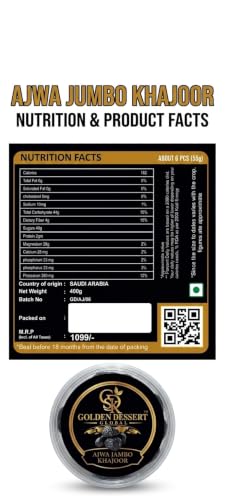 Image of Golden Dessert Global Ajwa Jumbo Khajoor Premium Dates | Natural Seeded Ajwa Dates | Soft & Nutritious Arabian Dry Fruit | Healthy Snack for Fasting, Gifting & Daily Consumption