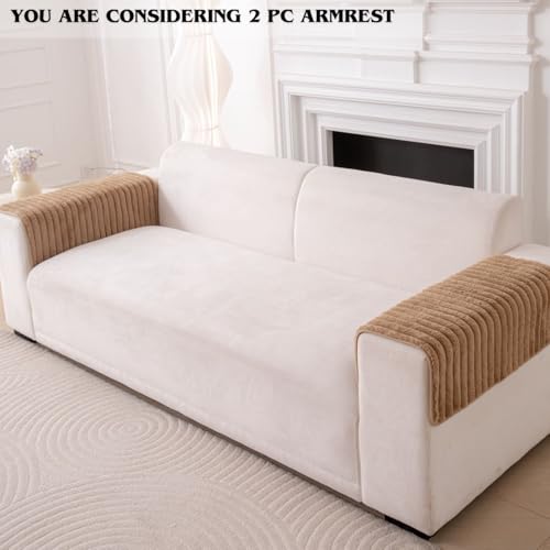 Image of HOMETHREADS 600GSM Thick & Soft Rabbit Fur Plush Sofa Cover-Luxurious Cozy Slipcover, Washable & Pet-Friendly, Anti-Scratch Protector for Sofas (Faux Linning Brown, 2Pc Armrest | 70x50cm)