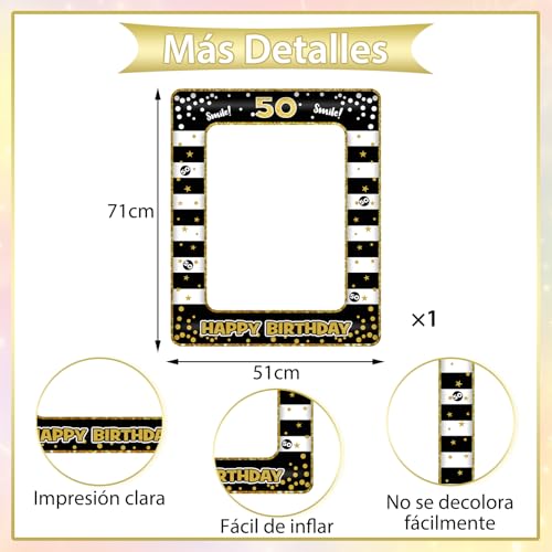 Miniatura 3 de Vegcoo Photocall Feliz Cumpleaños 36pcs Accesorios Para Fotos En Negro Y Oro Marco De Fotos Inflable, Photo Booth Props, Decoración Fiesta 50 Años