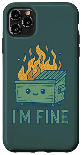 I'm Fine Dumpster Fire アートワーク かわいいごみ箱 ファイヤーアート スマホケース iPhone 11 Pro Max 用