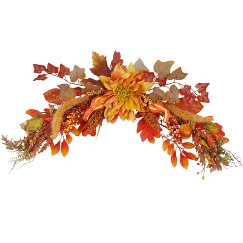 ACRYCS Fall Swag Wreaths for Front Door Artificial Dahlia Flowers Orange Floral Swag Autumn Pumpkins Berries Maple Leaf Fall Swags and Garlands for Wedding Arch Mantle Windows Wall Decor Thanksgiving