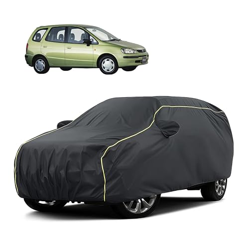 Image of Sulfar 100% Water Resistant Car Body Cover Compatible with Mirror for Toyota Spacio (Triple Stitched, Full Bottom Elastic, Dark Grey Taffeta with Yellow Piping)