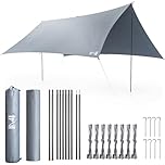 Trail Camping Tarp Shelter with Poles (3m x 3m), Lightweight Waterproof 4000mm HH, UPF50+ UV Protection, Outdoor Hiking Hammock Rain Fly, Portable Heavy Duty Tarpaulin with Pegs, Guy-Lines & Bag