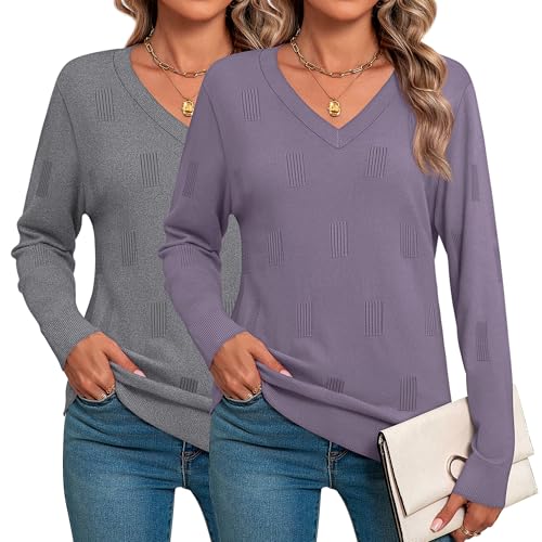 Huukeay 2 Pack Women's V Neck Sweaters, Fall Long Sleeve Tunic Tops Knitted Casual Basic Shirts Lightweight Pullover Blouses