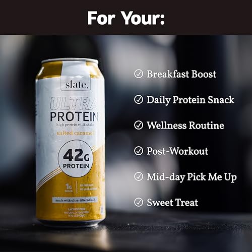 Image of Slate Milk -Ultra Protein Shake-Salted Caramel-42g Protein,1g Sugar,180 Calories,1g Net Carbs-Lactose Free,No Added Sugar-Made with Ultra Filtered Milk- Breakfast Boost,Post Workout- 15 fl oz,12 Cans