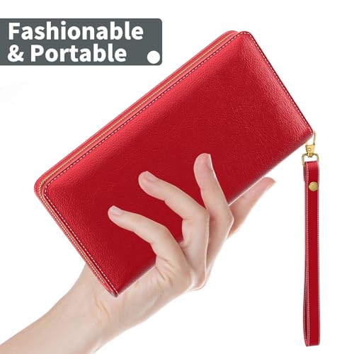 Image of Nipichsha Womens Wallet, RFID Wristlet Wallet for Women, Cute Ladies Purse, Large Credit Card Clutch Purse, Leather Card Holder Wallets with Zipper & Phone Holder, Red
