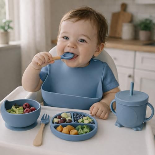 Image of 6Pcs Silicone Baby Feeding Set Bpa-Free,Microwave Safe,Anti-Slip Base | Complete Tableware Kit for Babies & Toddlers with Suction Plate,Bowl,Cup, Spoon,Fork & Bib (Blue)