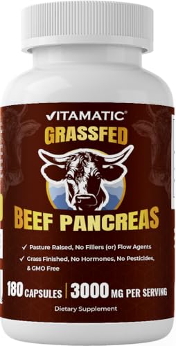 Vitamatic Grass-Fed Beef Pancreas 180 Capsules Freeze-Dried Non-GMO Bovine Supplement Pasture-Raised -Based Formula