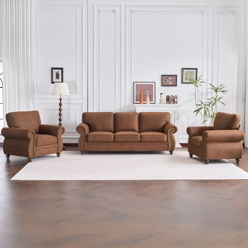 Image of Couchus Living Room Furniture Sets,Sofa Sets and Couch Sets for Living Room,Mid-Century Vintage Sofa Couches with Rivet Design (Caramel Rust, 2 Single+3 Seater)