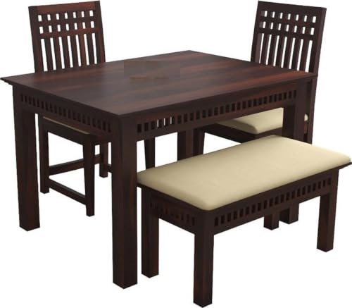 Image of Sheesham Wood 4 Seater Dining Table with 2 Cushioned High Back Chairs and 1 Bench for Living Room Wooden Dining Room Sets Furniture for Dinner Rooms & Hotels (Mahoghany Finish)