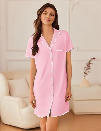 Image of Ekouaer Nightgowns for Women Button Down Sleep Shirt Short Sleeve NightShirts Boyfriend Sleepdress Soft Pajama Dress