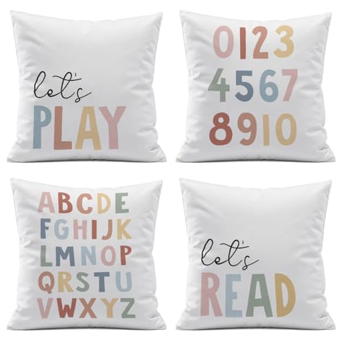 ISANOU Nursery Decorative Pillow Covers,Let's Play Read Alphabet Throw Pillow Covers Decor for Kids Room Playroom Classroom Reading Room,18x18 Inch Pillowcase Set of 4