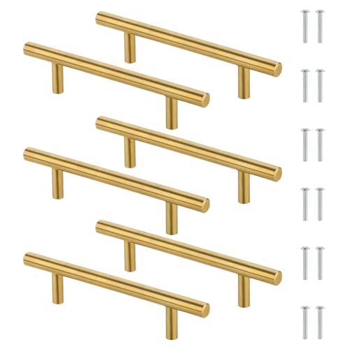 Luxeu Poignee de Meuble Cuisine, 6 Pièces 96mm Poignee Meuble Dorée, Poignet de Porte Cuisine en Acier Inoxydable, avec 12 Vis, pour Armoire, Tiroir, Placard
