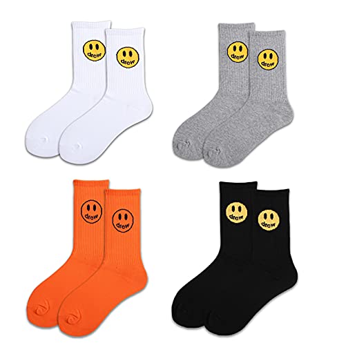 Drew House Socks Smiley Face 4 Pair Fashion Athletic Socks Adult Casual Couples Crew Hip Hop Socks (Smiley-A2)