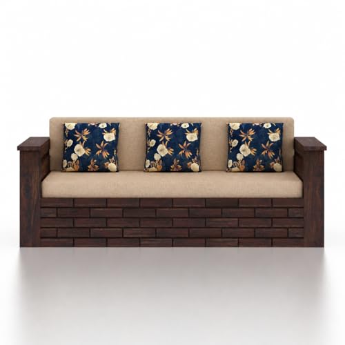 Image of Ganpati Arts Solid Sheesham Wood 3 Seater Italian Sofa Cum Bed with Storage and Side Pockets for Living Room Wooden Sofa Bed for Home - Walnut Finish 1 Year Warranty, 3-Person Sofa (Beige)