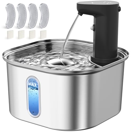 Wireless Cat Water Fountain Stainless Steel with Auto Shut-Off Pump + 4 Filters, 108oz 3.2L 5000mah Battery Operated Cat Water Fountain Cordless, Automatic Water Dispenser with Motion Sensor for Cats