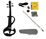 Merano MVE20BK-A 4/4 Full Size Ebony Fitted Electric Silent Violin with Case and Bow Free Rosin, Black