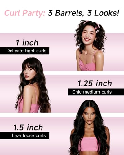 Image of 3 in 1 Automatic Curling Iron, Hair Curlers with 3 Curling Barrels (1 inch - 1.25 inch - 1.5 inch), Rotating Curling Iron with 3 Temp, 2-Way Rotation, 10S Fast Heating, Anti-Scald, Dual Voltage, Pink