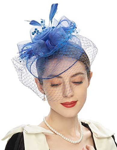 Cizoe Kentucky Derby Fascinators For Women High Tea Party Headbands Wedding Cocktail Flower Mesh Feathers Hair Clip(A-Blue) #TOP3